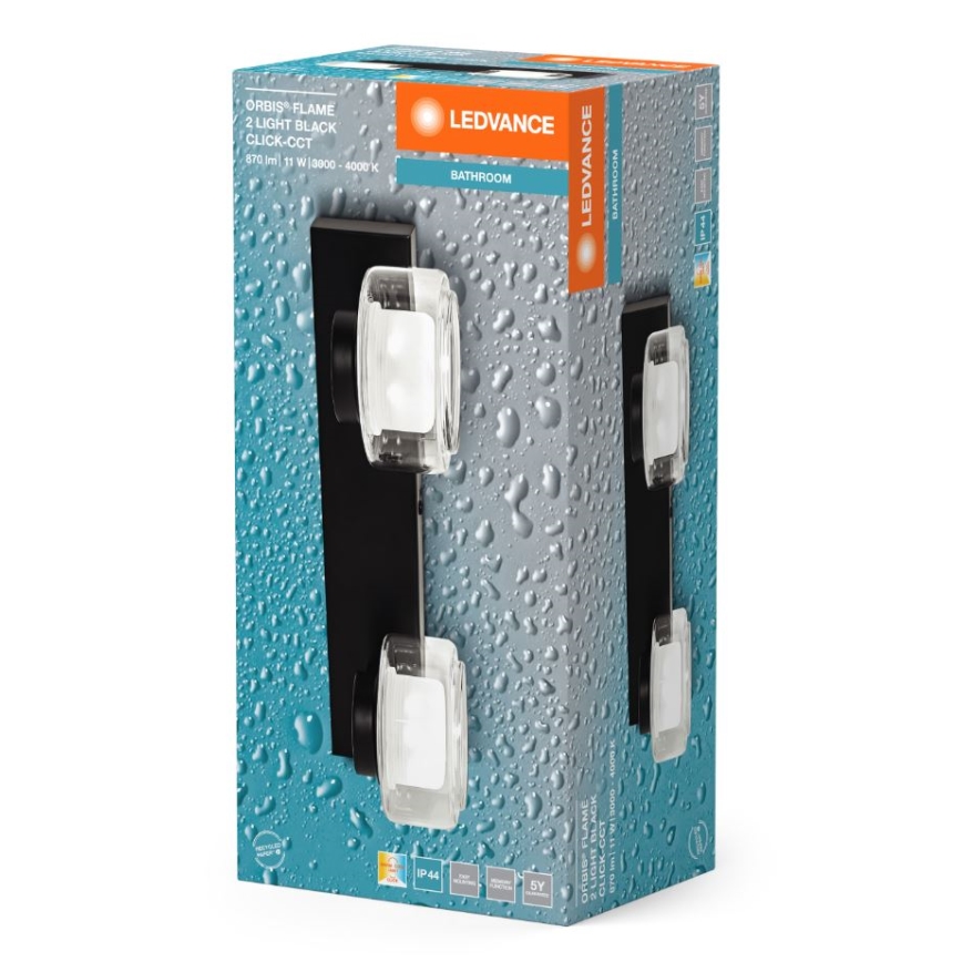 Ledvance - LED Sieninis vonios šviestuvas ORBIS FLAME 2xLED/5,5W/230V 3000/4000K IP44 juoda