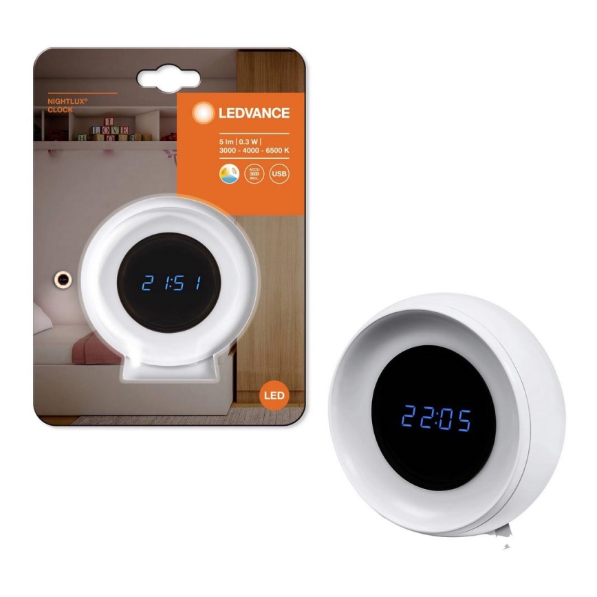 Ledvance - LED Skaitmeninis laikrodis su foniniu apšvietimu NIGHTLUX LED/0,3W/5V 1000mAh 3000/4000/6500K
