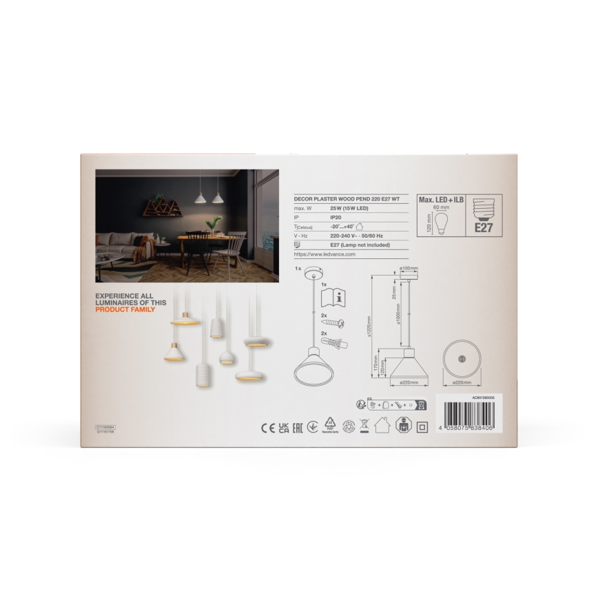 Ledvance - Pakabinamas sietynas DECOR PLASTER 1xE27/25W/230V diametras 22 cm gipsas balta