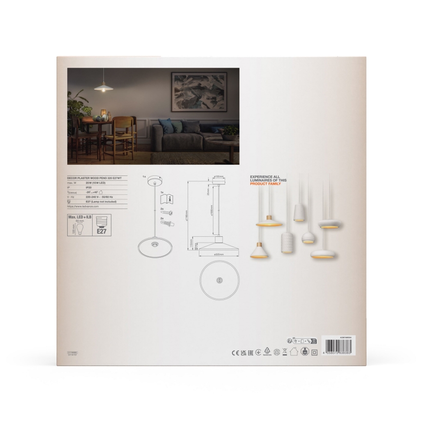 Ledvance - Pakabinamas sietynas DECOR PLASTER 1xE27/25W/230V diametras 32 cm gipsas balta