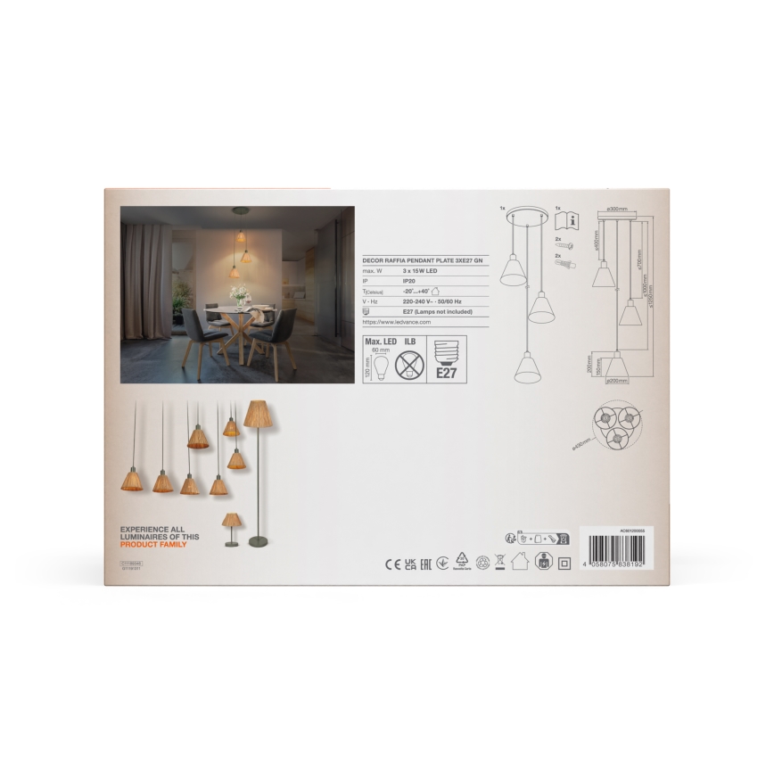 Ledvance - Pakabinamas sietynas DECOR RAFFIA 3xE27/15W/230V raffia bast