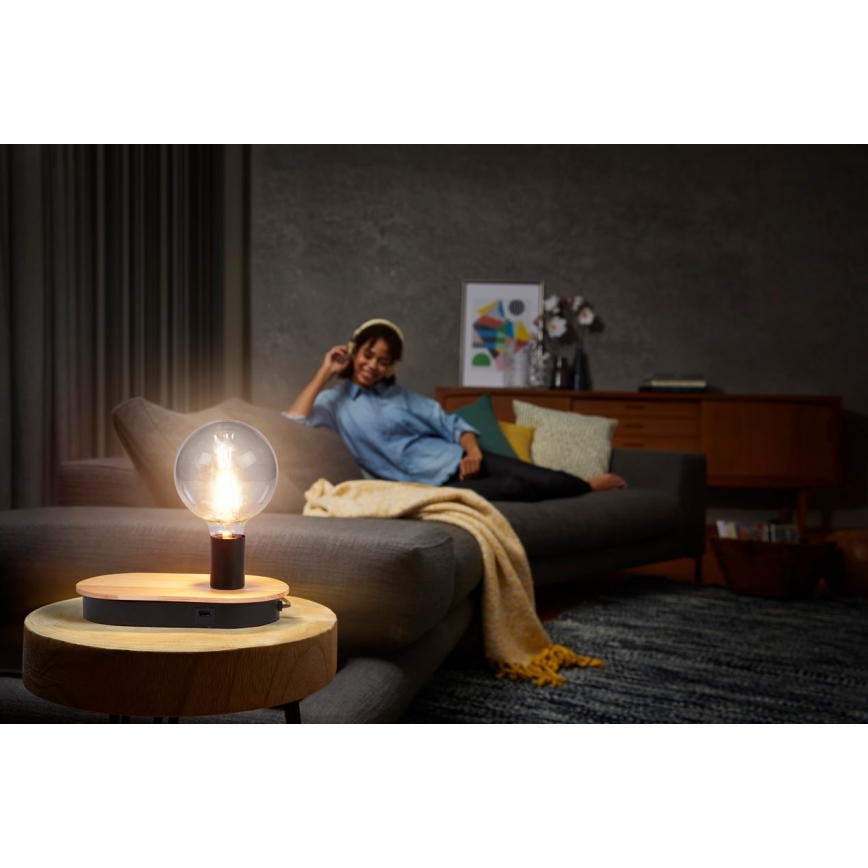 Ledvance - Stalinis lietimui jautrus šviestuvas su USB jungtimi DECOR WOOD 1xE27/8W/230V guma