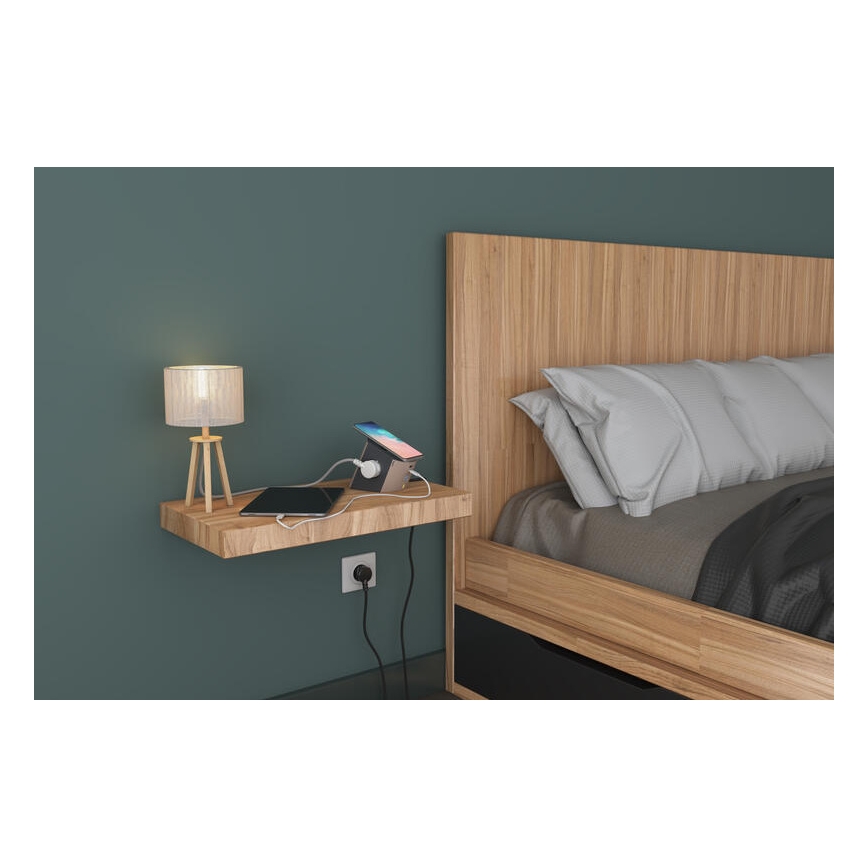 Legrand 049402 - Kištukinio lizdo skirstytuvas su jungikliu 2Z Tipas E + USB-A + USB-C ir belaidis įkrovimas 10W 2m ruda