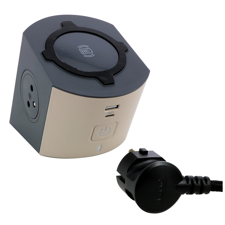 Legrand 049402 - Kištukinio lizdo skirstytuvas su jungikliu 2Z Tipas E + USB-A + USB-C ir belaidis įkrovimas 10W 2m ruda