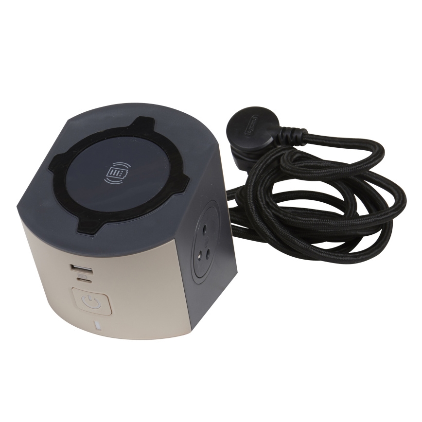Legrand 049402 - Kištukinio lizdo skirstytuvas su jungikliu 2Z Tipas E + USB-A + USB-C ir belaidis įkrovimas 10W 2m ruda
