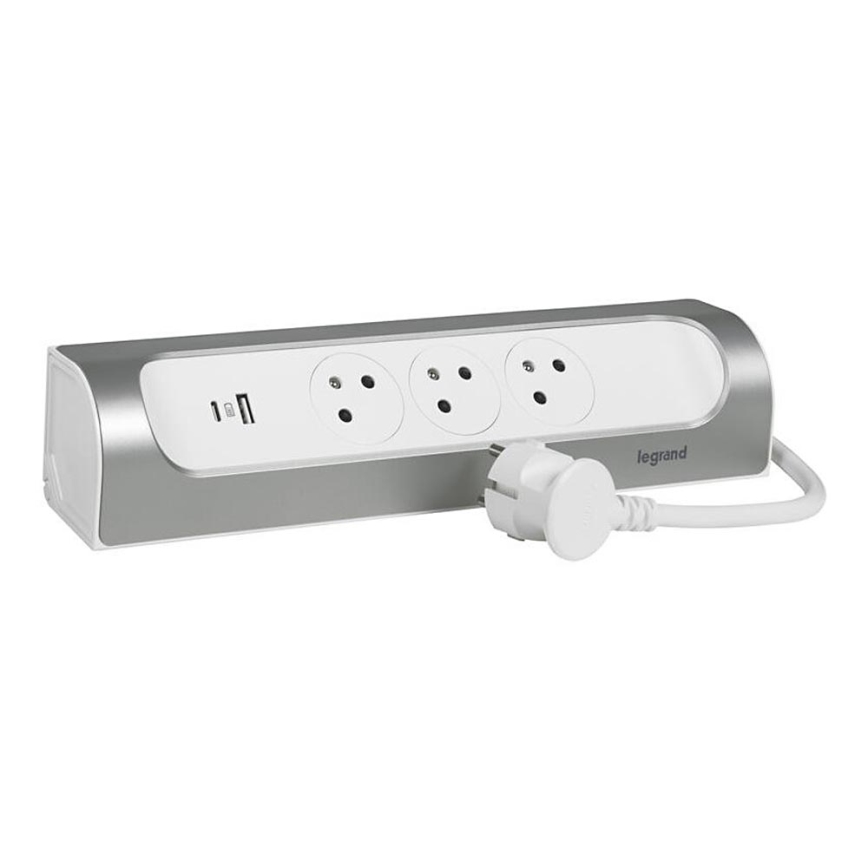 Legrand 049406 - Prailginimo laidas 3Z Tipas E + USB-A + USB-C 1m sidabras/balta