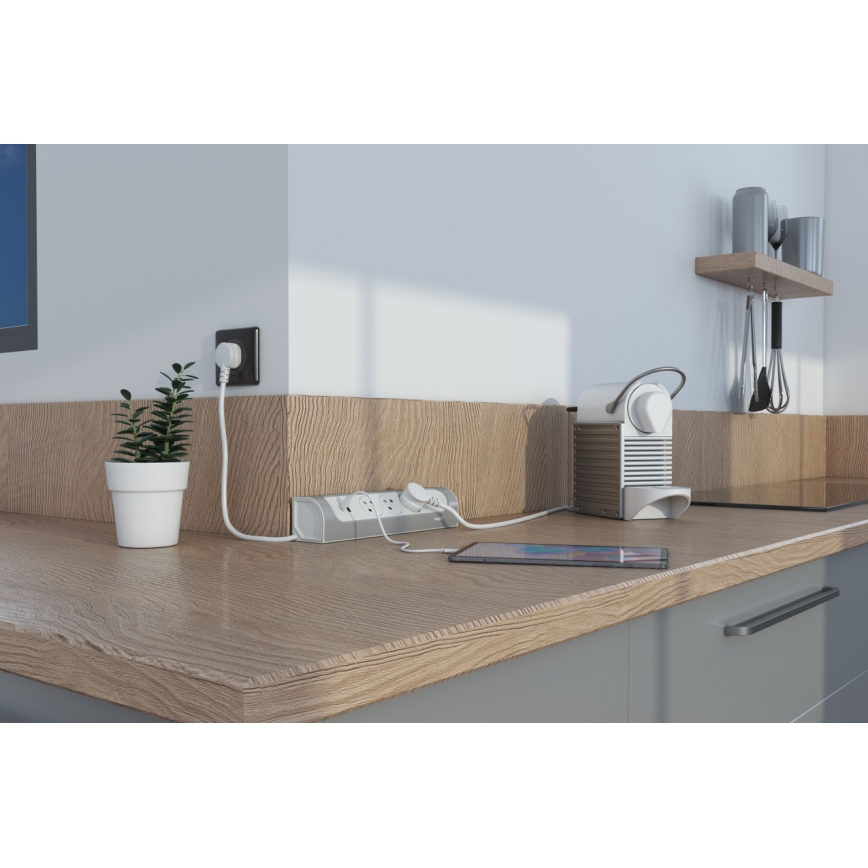 Legrand 049406 - Prailginimo laidas 3Z Tipas E + USB-A + USB-C 1m sidabras/balta