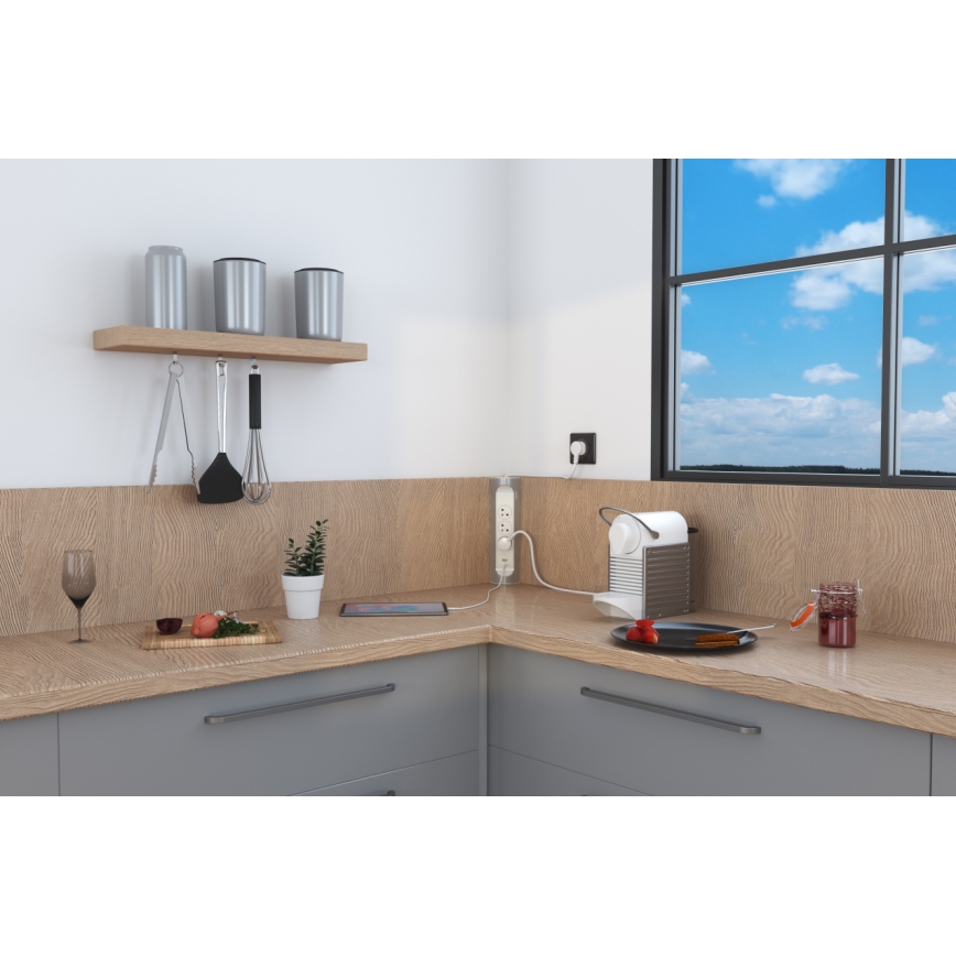 Legrand 049406 - Prailginimo laidas 3Z Tipas E + USB-A + USB-C 1m sidabras/balta