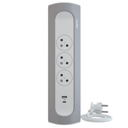 Legrand 049406 - Prailginimo laidas 3Z Tipas E + USB-A + USB-C 1m sidabras/balta