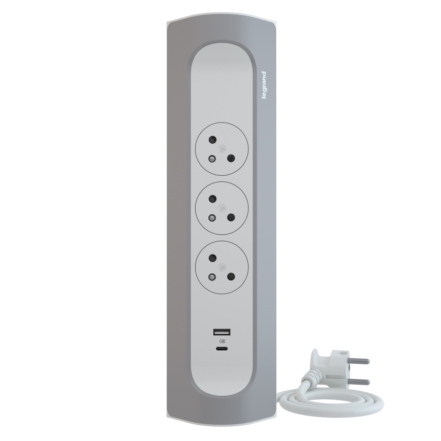 Legrand 049406 - Prailginimo laidas 3Z Tipas E + USB-A + USB-C 1m sidabras/balta