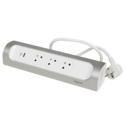 Legrand 049406 - Prailginimo laidas 3Z Tipas E + USB-A + USB-C 1m sidabras/balta