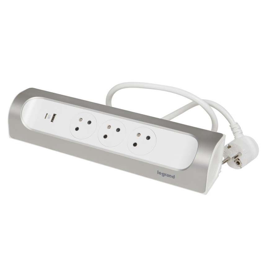 Legrand 049406 - Prailginimo laidas 3Z Tipas E + USB-A + USB-C 1m sidabras/balta