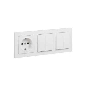 Legrand - 2x dvigubas serijinis jungiklis Nr. 5 ir namų SCHUKO lizdas su rėmeliu SUNO 250V balta