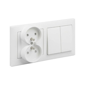 Legrand - Dviguba namų rozetė ir dvigubas serijinis jungiklis Nr. 5 su rėmeliu SUNO 250V balta
