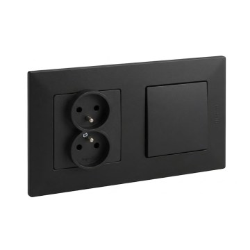 Legrand - Dviguba namų rozetė ir vienpolinis jungiklis su rėmeliu NILOE STEP 250V juodos spalvos
