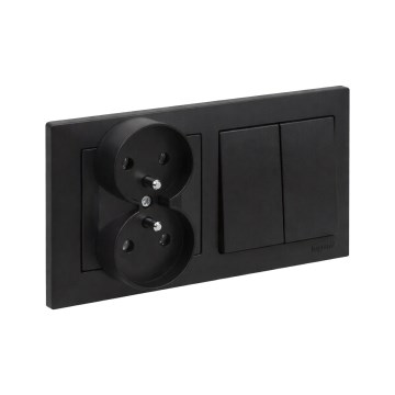 Legrand - Dviguba sieninė rozetė ir dvigubas serijinis jungiklis nr. 5 su rėmeliu SUNO 250V juodas