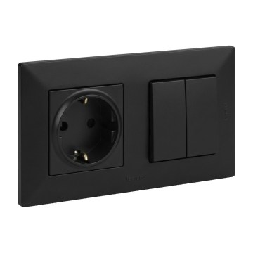 Legrand - Dvigubas laiptinis jungiklis 6+6 ir buitinIS SCHUKO lizdas su rėmeliu NILOE STEP 250V juodas