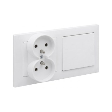Legrand - Dvigubas namų lizdas ir vienpolinis jungiklis Nr. 1 su rėmeliu SUNO 250V baltas