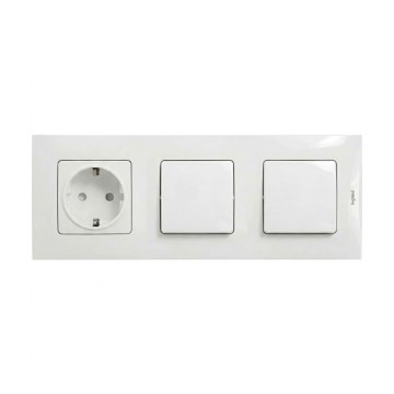 Legrand - Dvigubas vienpolinis jungiklis Nr. 1 ir namų SCHUKO lizdas su rėmeliu NILOE 250V balta