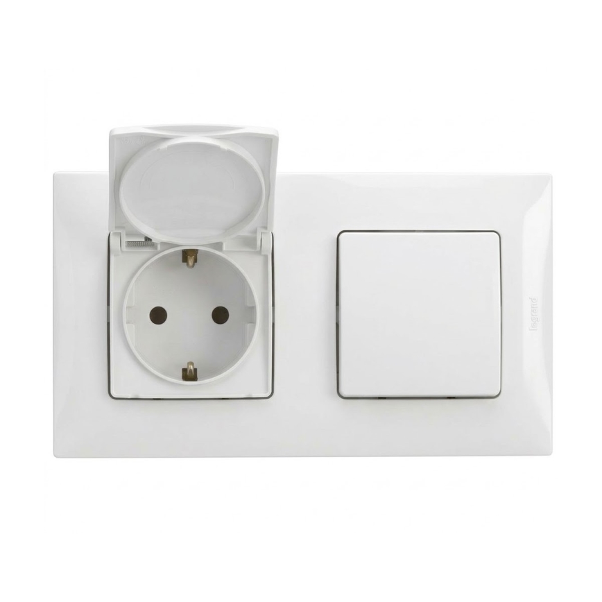 Legrand - Lauko buitinė rozetė ir vienpolinis jungiklis Nr. 1 su rėmeliu NILOE 250V IP44 balta