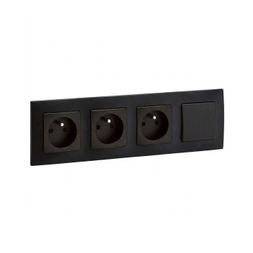Legrand - Trigubė buitinė rozetė ir vienpolinis jungiklis Nr. 1 su rėmeliu NILOE 250V juoda