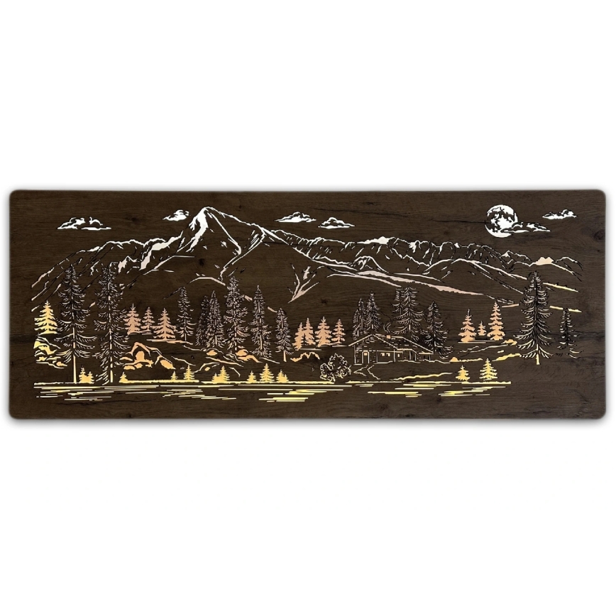 Li-Go 23521/OVL/DUB3 - LED reguliuojama sieninė dekoracija LED/10W/5V 30000 mAh 130x50 cm ąžuolas/kalnų trobelė