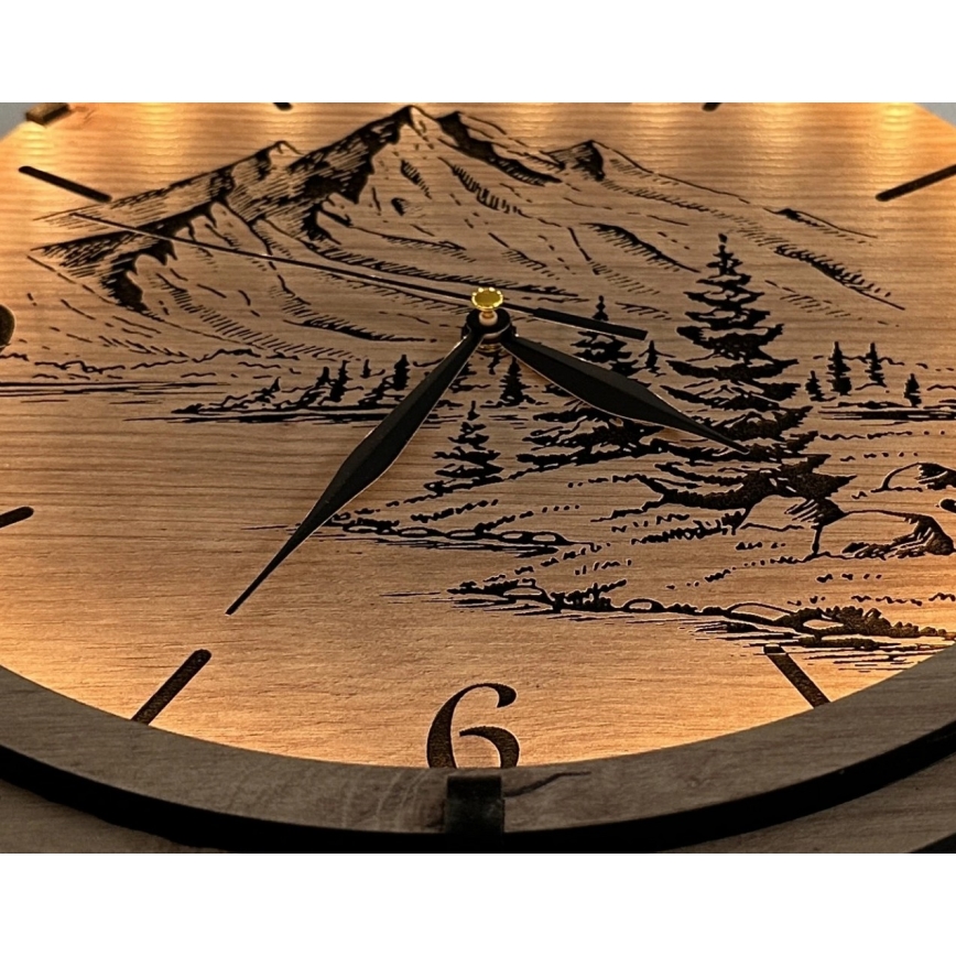 Li-Go 23697/DUB/BAT2 - Reguliuojamas LED laikrodis su judesio jutikliu LED/10W/5V 20000 mAh + 1xAA skersmuo 32 cm Ąžuolas/Kalnai