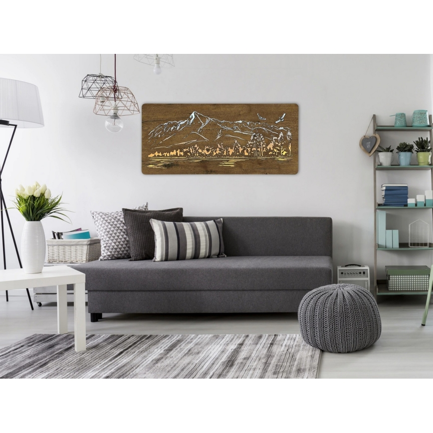 Li-Go 5589/A/DUB2 - LED dimeriuojama sieninė dekoracija LED/10W/5V 30000 mAh 110x50 cm ąžuolas/Kalnai su paukščiais