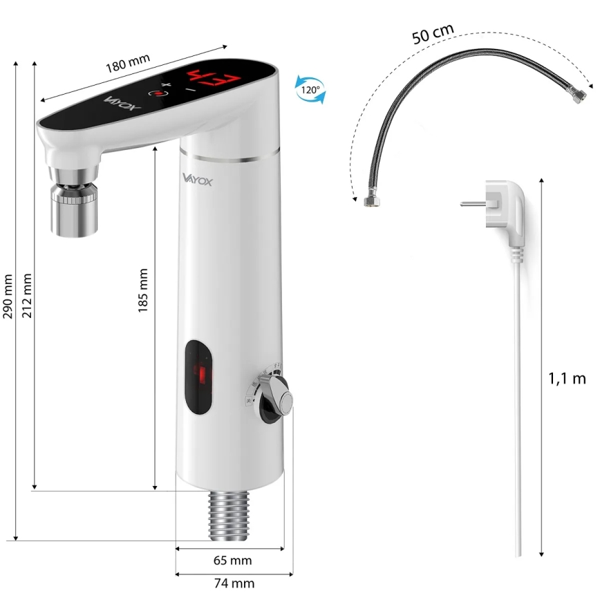 Liečiamas momentinis vandens šildytuvas su jutikliu ir LED ekranas 3000W/230V IPX4 balta