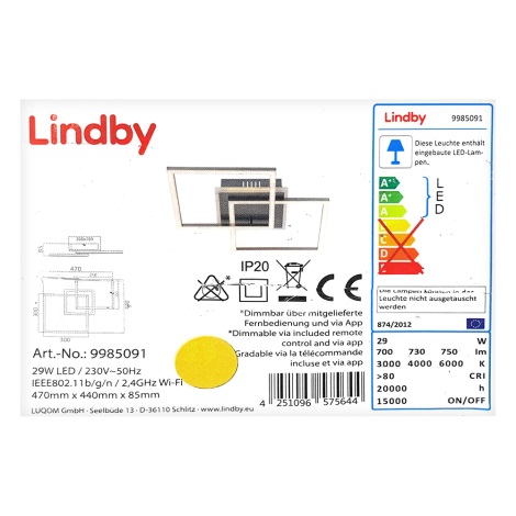 Lindby - LED Pritemdomas lubinis šviestuvas CLEAS LED/29W/230V Tuya + nuotolinio valdymo pultas