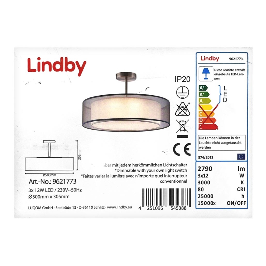 Lindby - LED Reguliuojamas ant pagrindo montuojamas sietynas PIKKA 3xLED/12W/230V