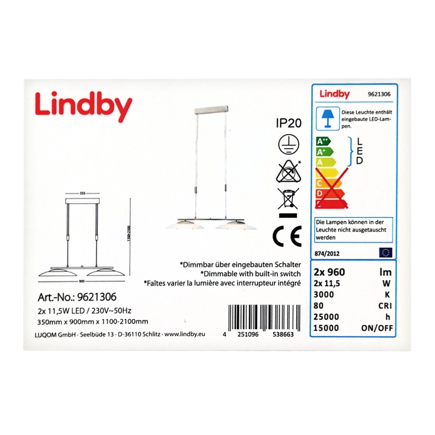Lindby - LED Reguliuojamas pakabinamas sietynas JUDIE 2xLED/11,5W/230V