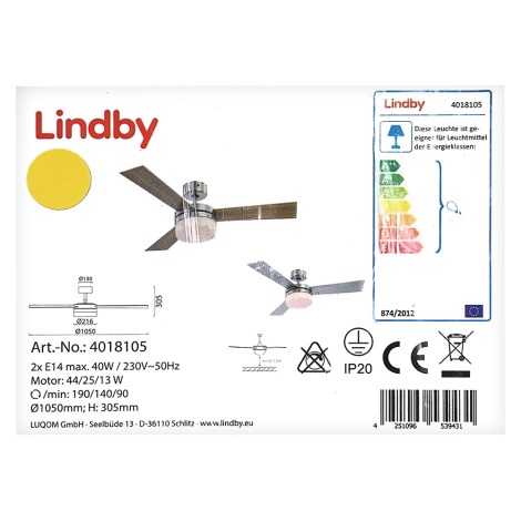 Lindby - Lubinis ventiliatorius ALVIN 2xE14/40W/230V + nuotolinio valdymo pultas