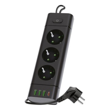 LINEA PRO maitinimo juosta su jungikliu 3x230V+3xUSB-A + 1xUSB-C SCHUKO 1,5 m juoda