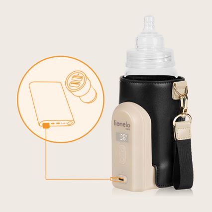 Lionelo - Įkraunamas buteliuko šildytuvas THERMUP GO EVO 18W/5V juoda/smėlio spalva