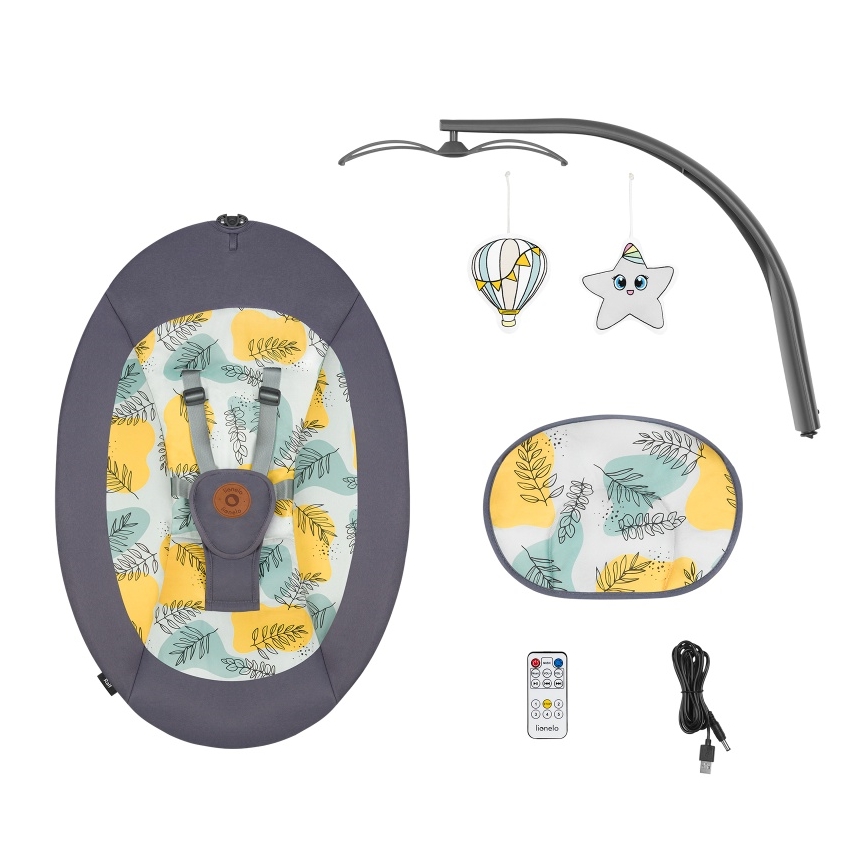 Lionelo - Kūdikio supynė su melodija RALF 4xAA betono pilka + nuotolinio valdymo pultas