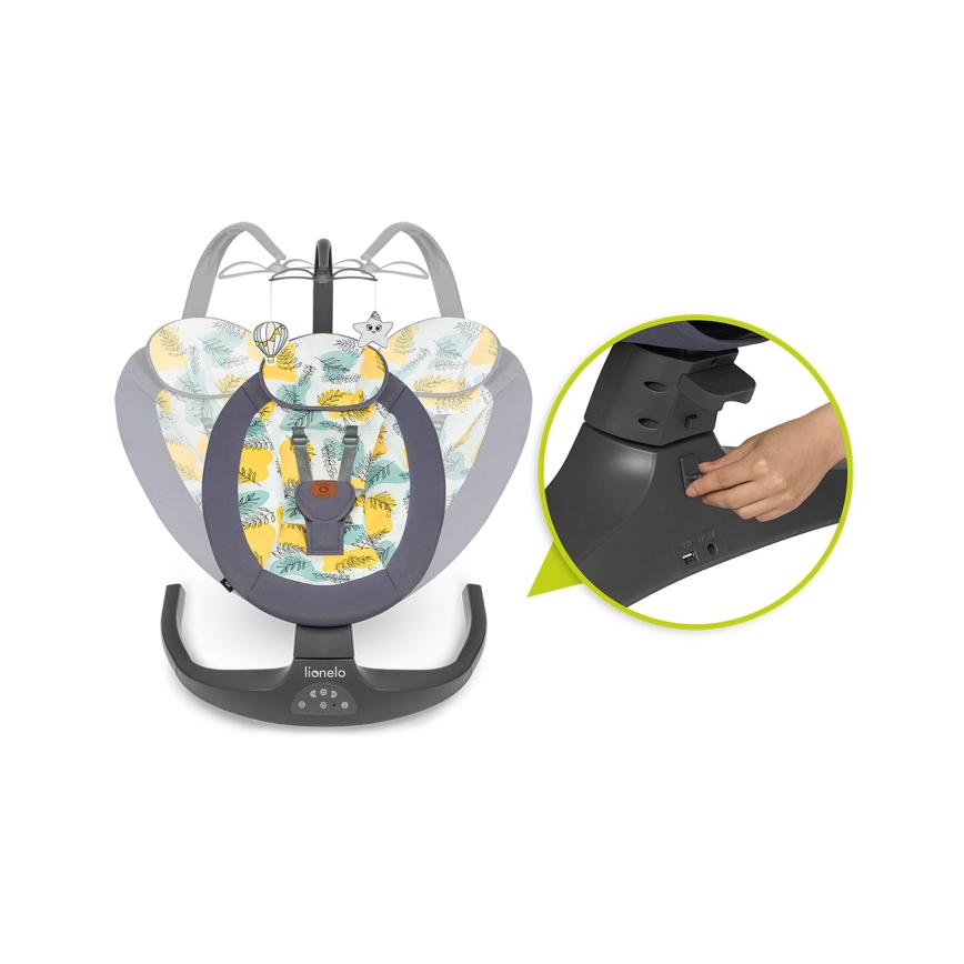 Lionelo - Kūdikio supynė su melodija RALF 4xAA betono pilka + nuotolinio valdymo pultas