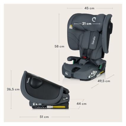 Lionelo - Sulankstoma vaikiška automobilinė kėdutė NELLY i-Size 76-150 cm grafito pilka