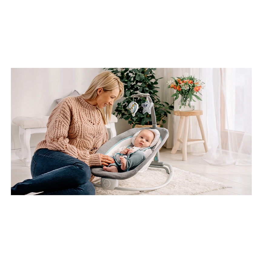 Lionelo - Vaikiška vibruojanti supama kėdutė su melodija PASCAL 2xAA pilka/turkio