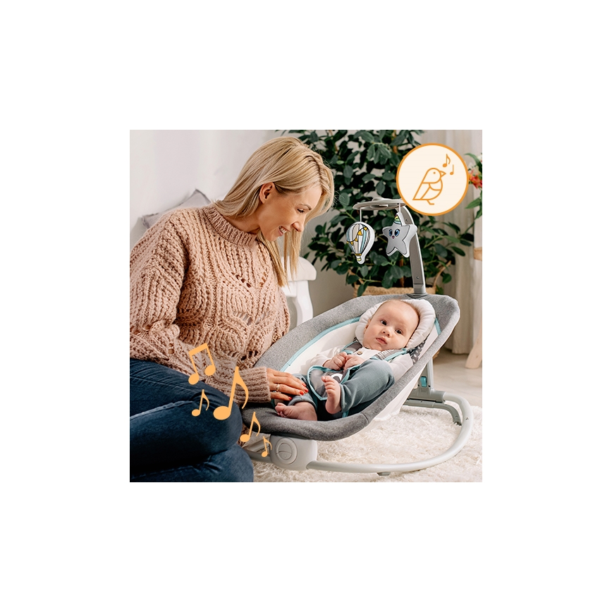 Lionelo - Vaikiška vibruojanti supama kėdutė su melodija PASCAL 2xAA pilka/turkio