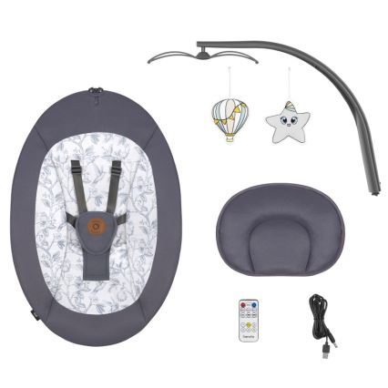 Lionelo - Vaikiškos sūpynės RALF su melodija, 4xAA, pilka/balta + nuotolinis valdymas