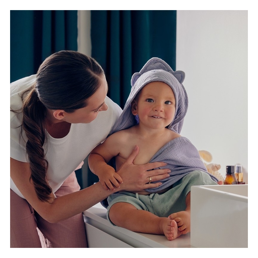 Lionelo - Vaikų chalatas su gobtuvu MUSLIN HOODED TOWEL Pilkas dangus