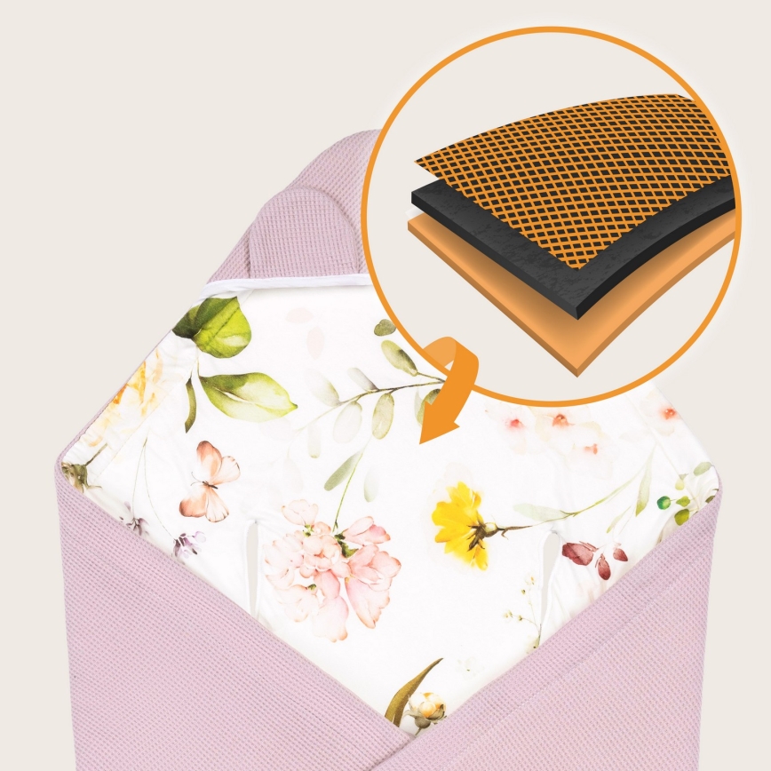 Lionelo - Vystymo antklodė automobilinei kėdutei TRAVEL SWADDLE 90x90 cm Rožinė gėlė