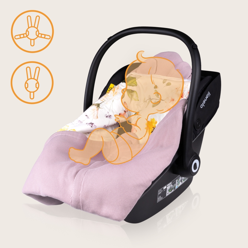 Lionelo - Vystymo antklodė automobilinei kėdutei TRAVEL SWADDLE 90x90 cm Rožinė gėlė