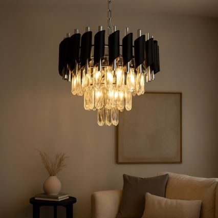 Liustra ant grandinės CRISTAL 5xE14/10W/230V juoda/matinis chromas
