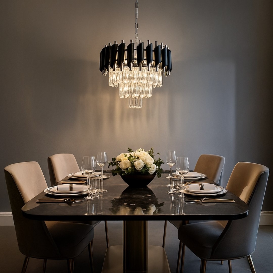 Liustra ant grandinės CRISTAL 5xE14/10W/230V juoda/matinis chromas