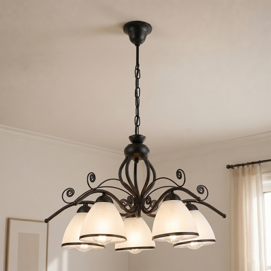 Liustra ant grandinės RETRO 5xE27/60W/230V juoda/balta