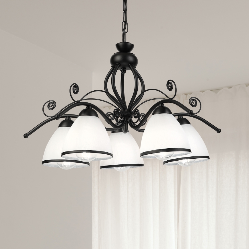 Liustra ant grandinės RETRO 5xE27/60W/230V juoda/balta