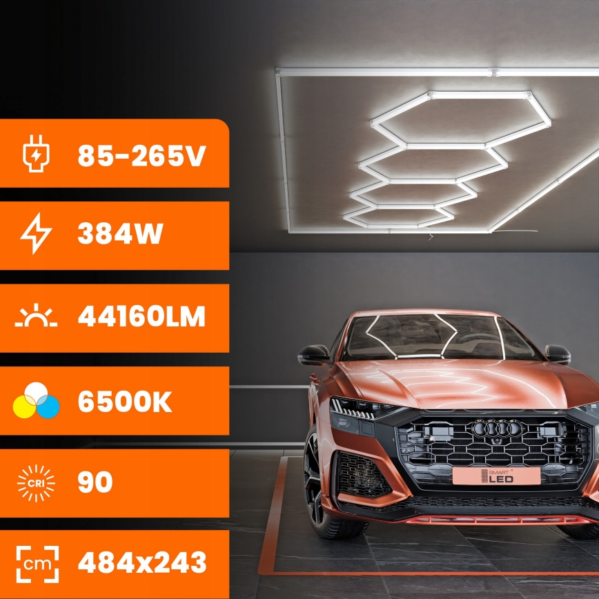 Lubų LED šviestuvas HEXAGON, 426 W, 85-265 V, 6500 K, 484x243 cm, CRI 90, IP44, balta