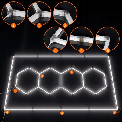 Lubų LED šviestuvas HEXAGON, 426 W, 85-265 V, 6500 K, 484x243 cm, CRI 90, IP44, balta